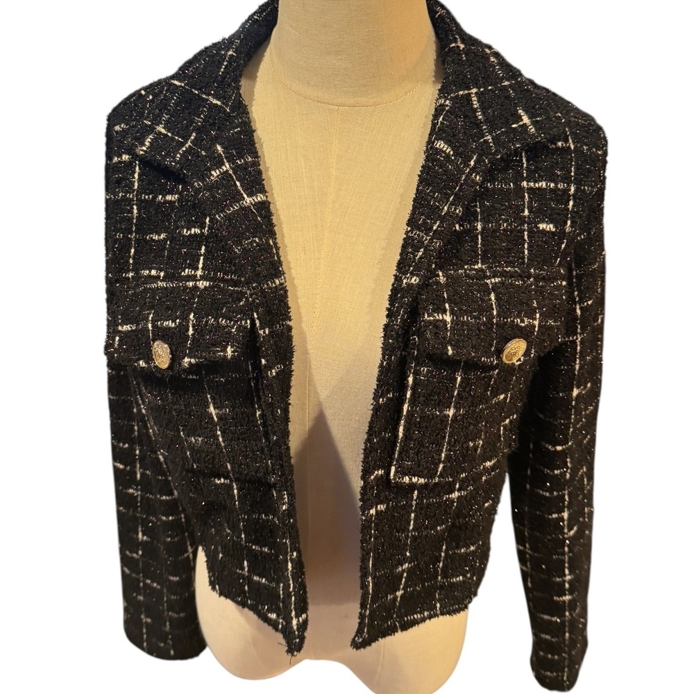 Sincerely Jules Womens Black White‎ Plaid Tweed Cropped Jacket Size M sparkle